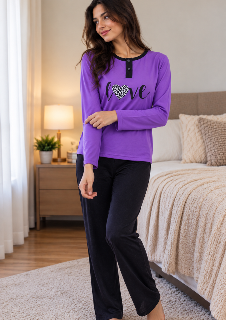 Pijama Algodón Jersey Mujer Purpura Negro PMO70